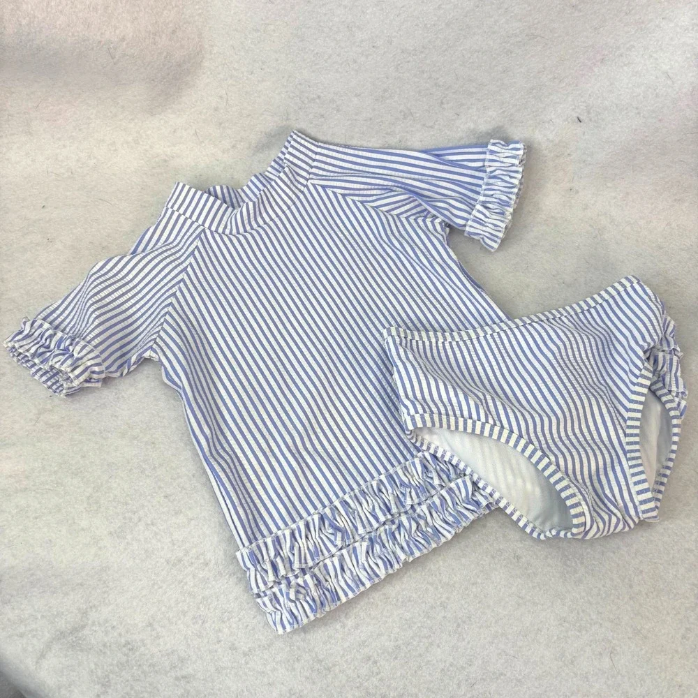 RuffleButts Blue Seersucker Ruffle Rash Guard Swimsuit Set Girls 3T Coastal